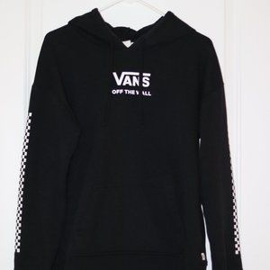 Vans Black Hoodie with White Checkered Sleeves, Women's Medium